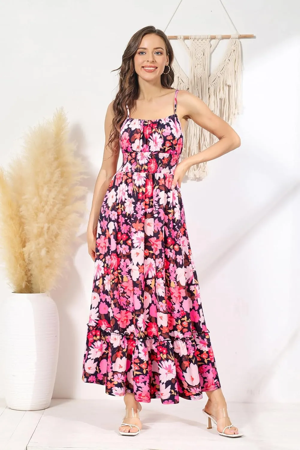 GRACE KARIN Womens 2025 Summer Maxi Dress Sleeveless Floral Spaghetti Strap Smocked Boho Beach Long Dress with Pockets