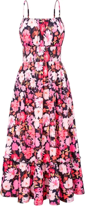 GRACE KARIN Womens 2025 Summer Maxi Dress Sleeveless Floral Spaghetti Strap Smocked Boho Beach Long Dress with Pockets