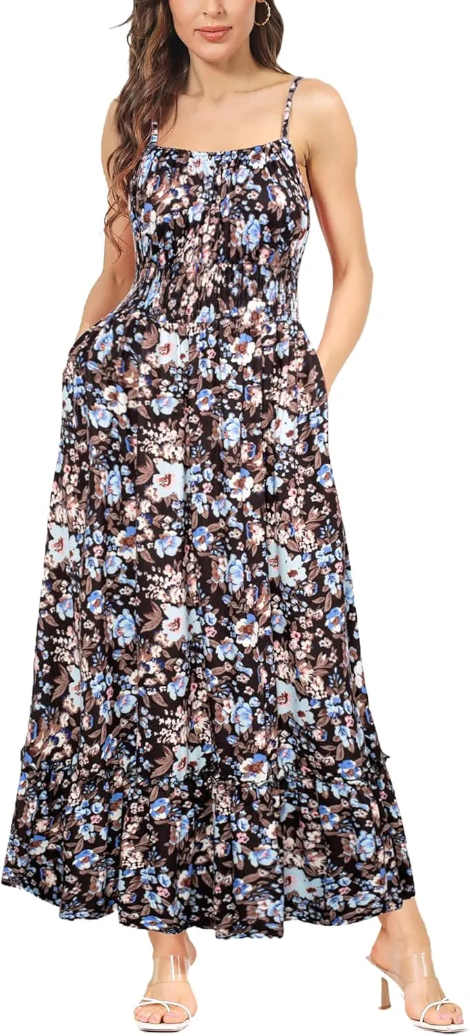 GRACE KARIN Womens 2025 Summer Maxi Dress Sleeveless Floral Spaghetti Strap Smocked Boho Beach Long Dress with Pockets