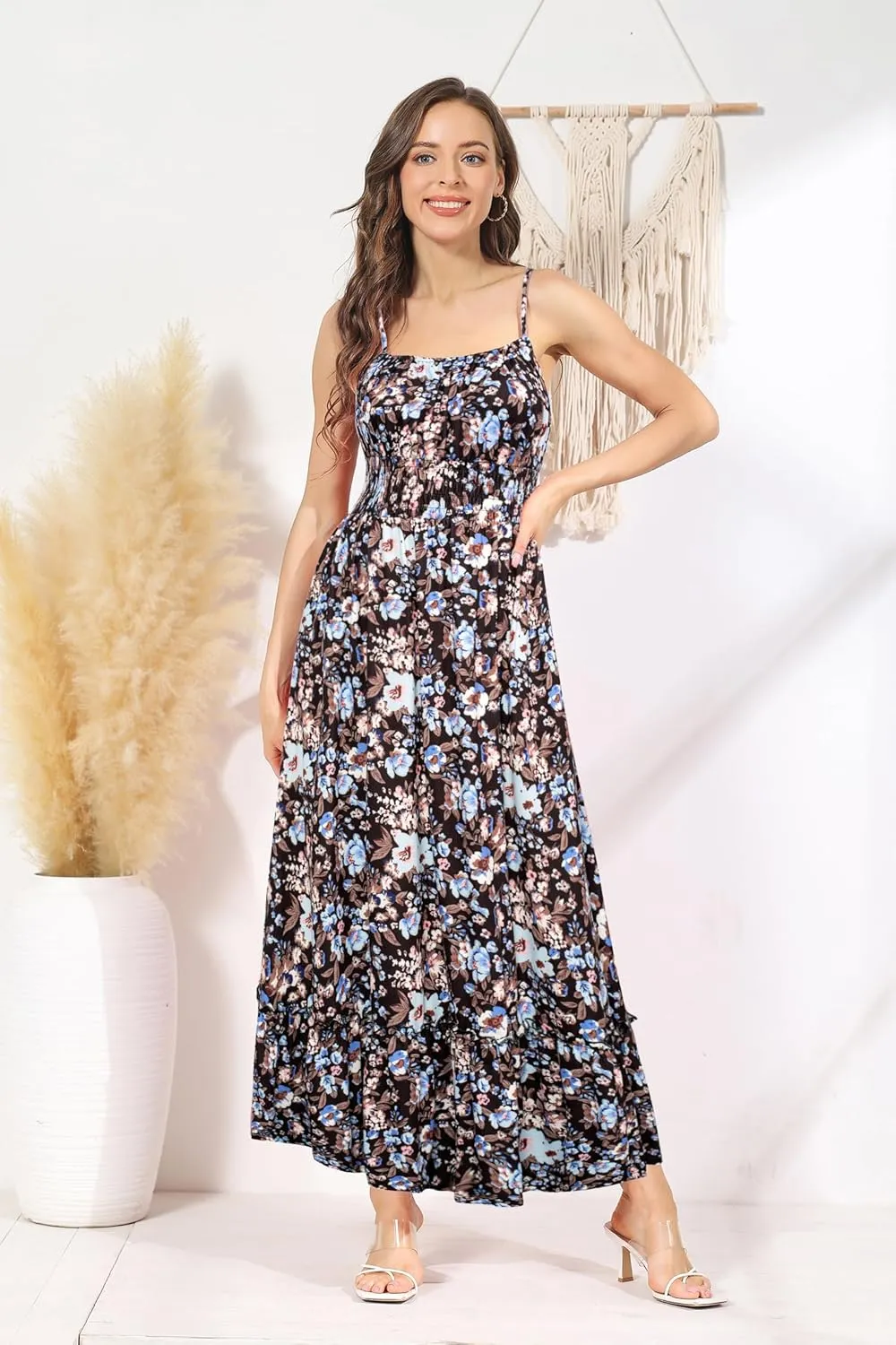 GRACE KARIN Womens 2025 Summer Maxi Dress Sleeveless Floral Spaghetti Strap Smocked Boho Beach Long Dress with Pockets