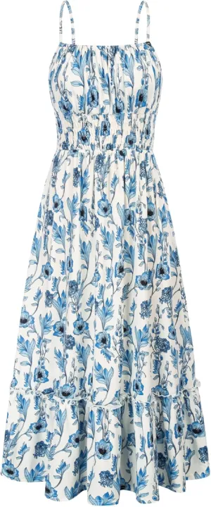 GRACE KARIN Womens 2025 Summer Maxi Dress Sleeveless Floral Spaghetti Strap Smocked Boho Beach Long Dress with Pockets