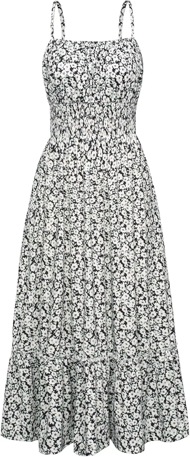 GRACE KARIN Womens 2025 Summer Maxi Dress Sleeveless Floral Spaghetti Strap Smocked Boho Beach Long Dress with Pockets
