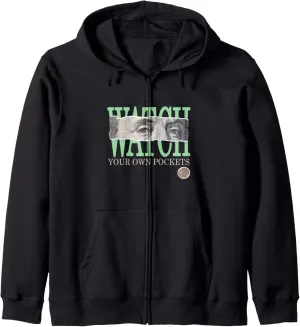 Green Watch Your Own Pockets Sage Light Green Graphic Zip Hoodie