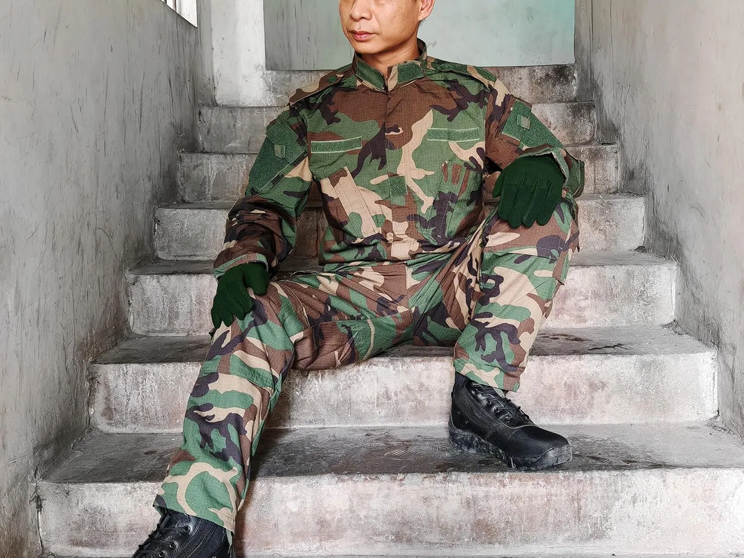 H World Shopping Military Tactical Mens Hunting Combat BDU Uniform Suit Shirt & Pants with Belt Woodland