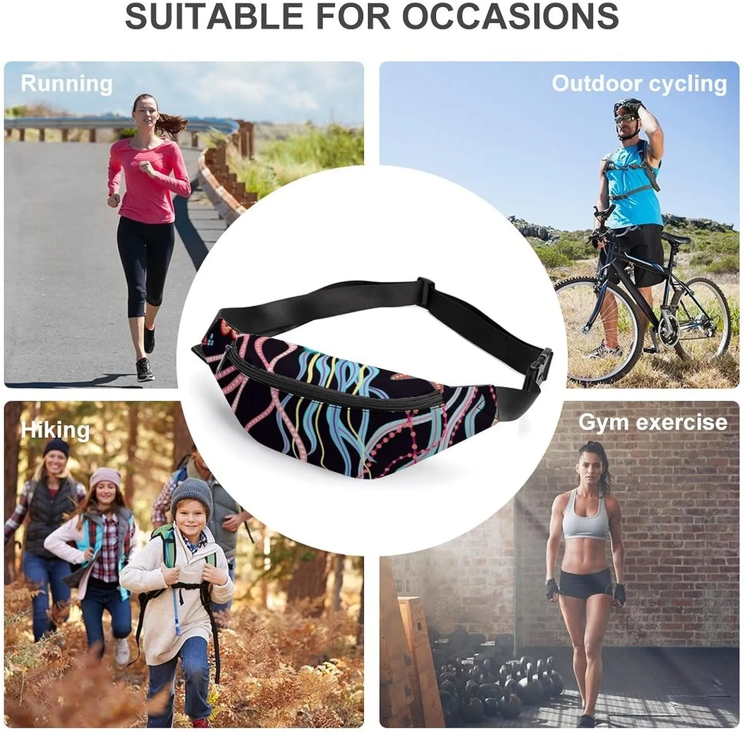 Hand Drawn Jellyfish And Fish Large Crossbody Fanny Packfor Women Men Waist Pack for Running with Adjustable Strap for Sports Casual Bag 36 * 15cm