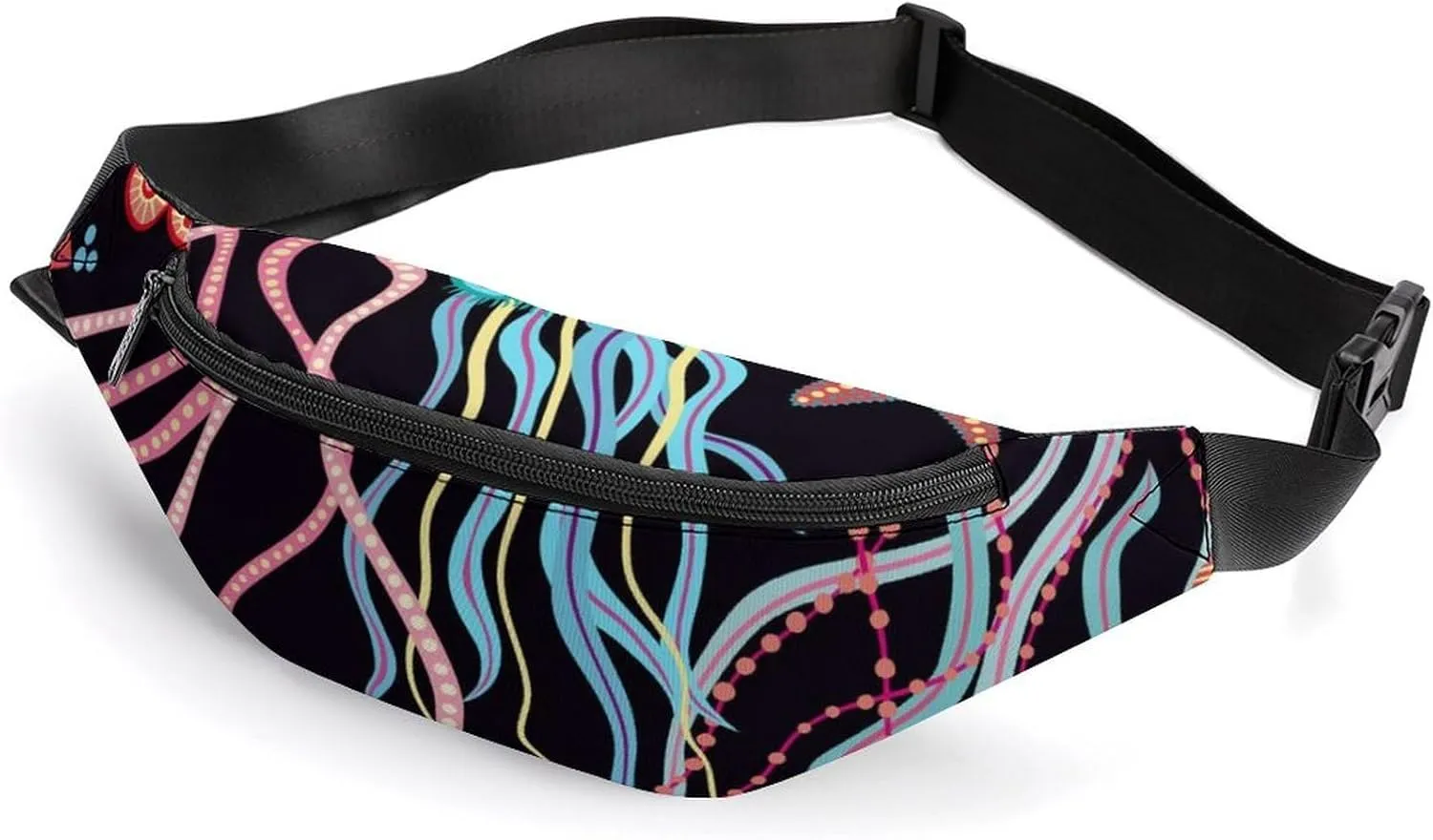 Hand Drawn Jellyfish And Fish Large Crossbody Fanny Packfor Women Men Waist Pack for Running with Adjustable Strap for Sports Casual Bag 36 * 15cm
