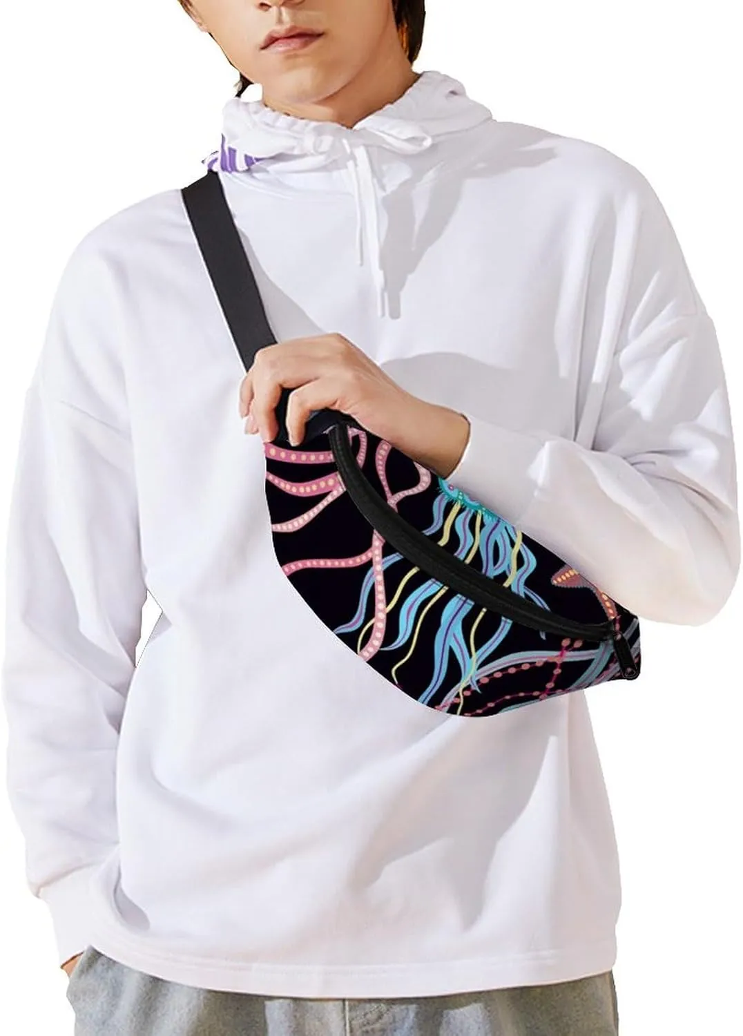 Hand Drawn Jellyfish And Fish Large Crossbody Fanny Packfor Women Men Waist Pack for Running with Adjustable Strap for Sports Casual Bag 36 * 15cm