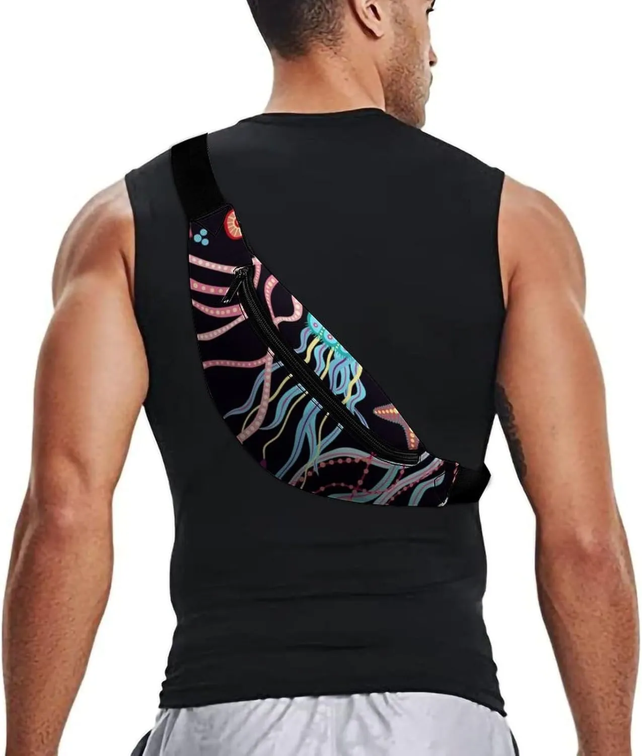 Hand Drawn Jellyfish And Fish Large Crossbody Fanny Packfor Women Men Waist Pack for Running with Adjustable Strap for Sports Casual Bag 36 * 15cm