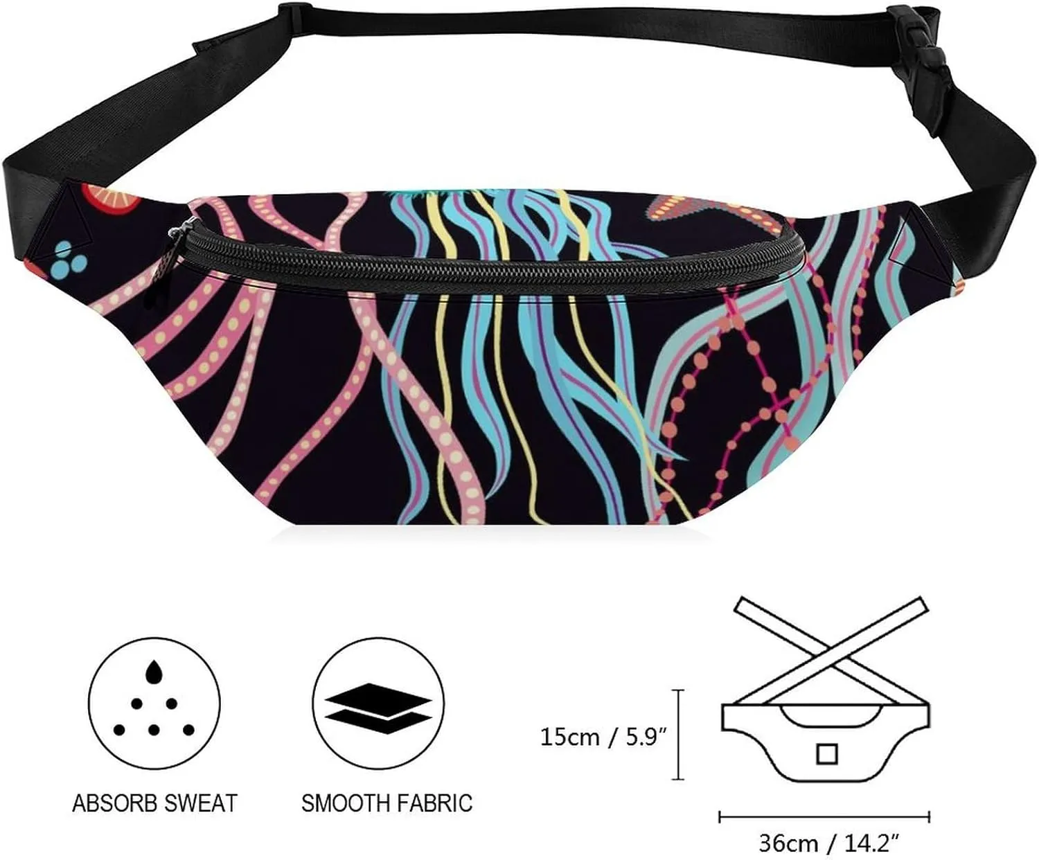 Hand Drawn Jellyfish And Fish Large Crossbody Fanny Packfor Women Men Waist Pack for Running with Adjustable Strap for Sports Casual Bag 36 * 15cm