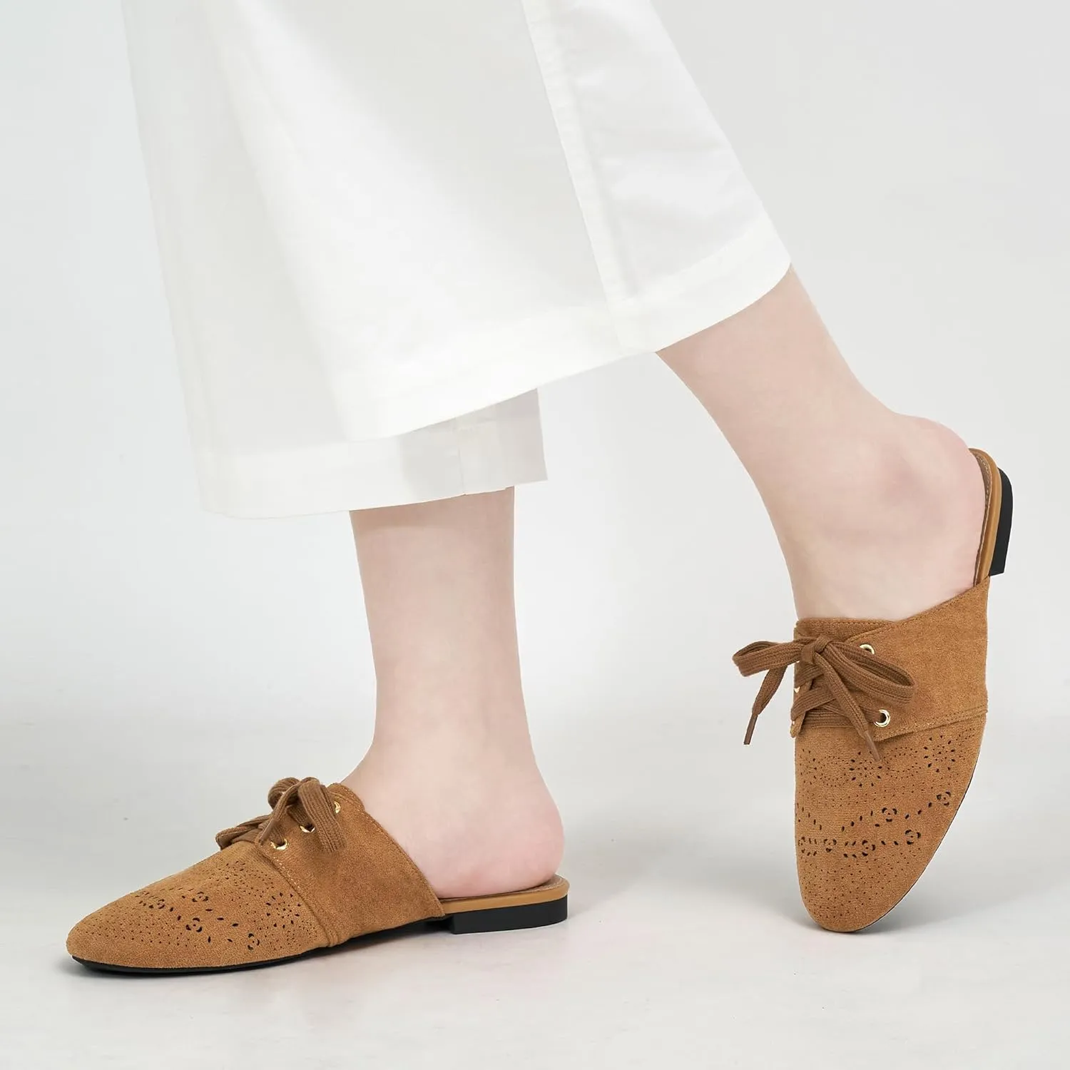 HARENCE Mules for Women Flats Shoes: Comfortable Round Toe Lace Up Mule 2025 Dressy Business Suede Loafers