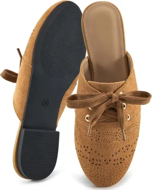 HARENCE Mules for Women Flats Shoes: Comfortable Round Toe Lace Up Mule 2025 Dressy Business Suede Loafers
