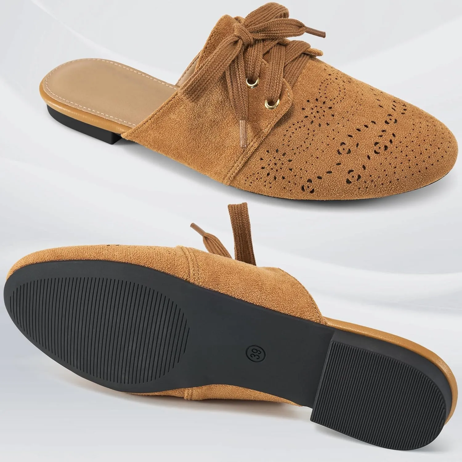 HARENCE Mules for Women Flats Shoes: Comfortable Round Toe Lace Up Mule 2025 Dressy Business Suede Loafers