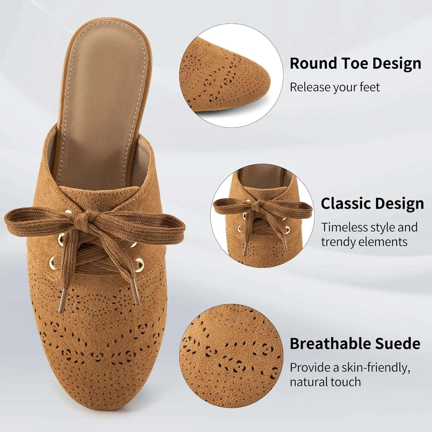 HARENCE Mules for Women Flats Shoes: Comfortable Round Toe Lace Up Mule 2025 Dressy Business Suede Loafers
