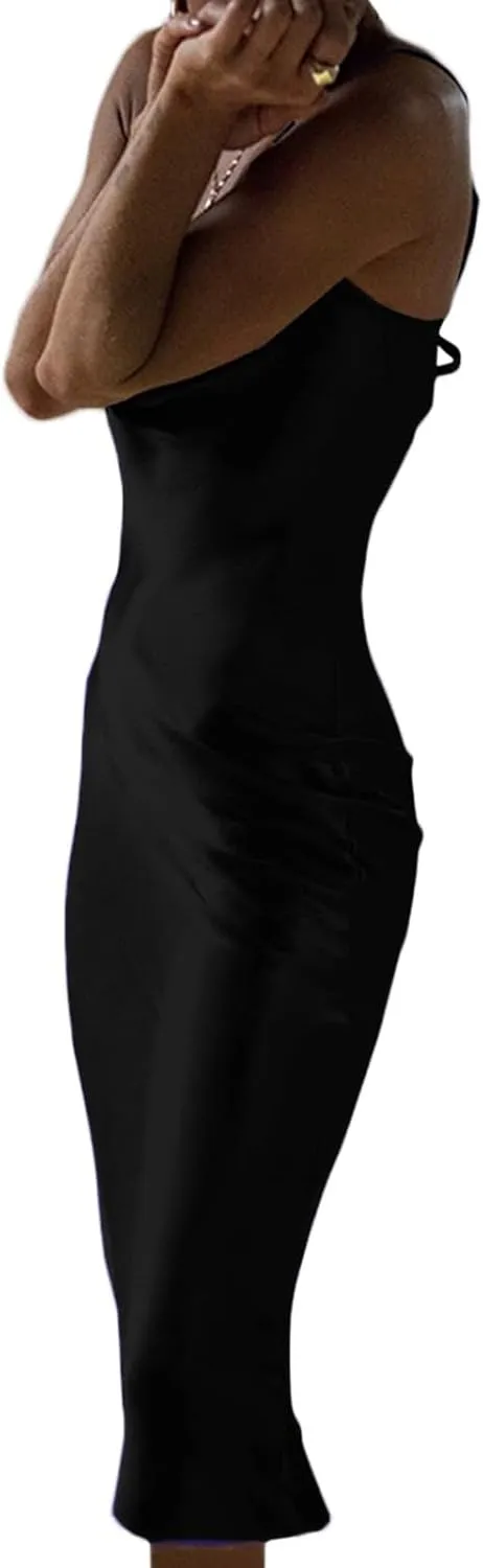 HAVUITYY Summer Satin Spaghetti Strap Backless Maxi Dresses for Women 2025 Elegant Tie Low Back Ruched Sexy Cocktail Dress