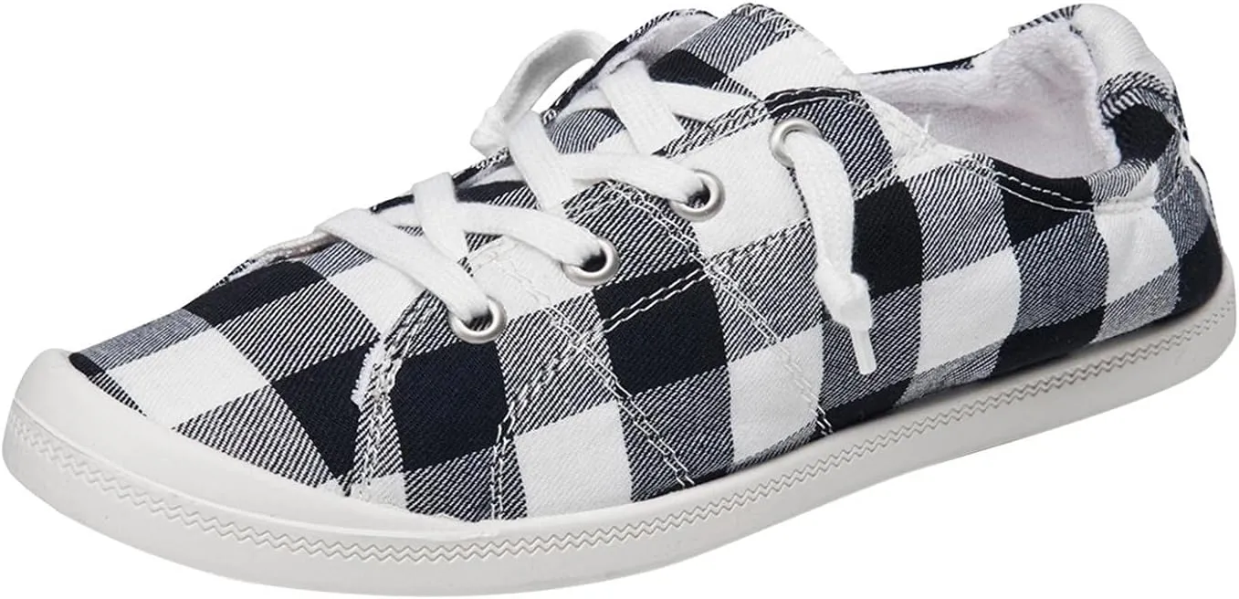 Hbeylia Canvas Shoes For Women Fashion Casual Plaid Lace Up Low Top Play Sneakers Lightweight Low Heels Slip On Flats Loafers Walking Shoes For Girls Running Outdoor Sports Driving