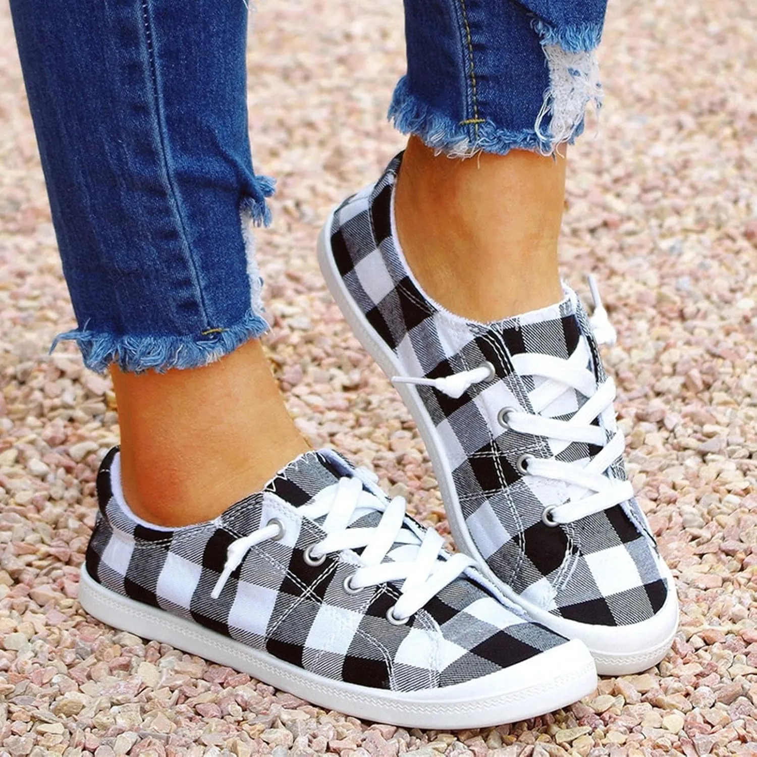 Hbeylia Canvas Shoes For Women Fashion Casual Plaid Lace Up Low Top Play Sneakers Lightweight Low Heels Slip On Flats Loafers Walking Shoes For Girls Running Outdoor Sports Driving