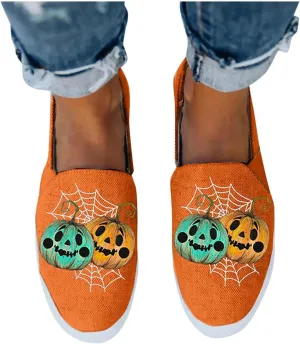 Hbeylia Halloween Decorations Platform Slip On Loafers For Women Funny Spider Net Pumpkin Design Low Top Canvas Shoes Fashion Sneakers Chunky Bottom Slip-On Flats Walking Shoes Fall Party Decor