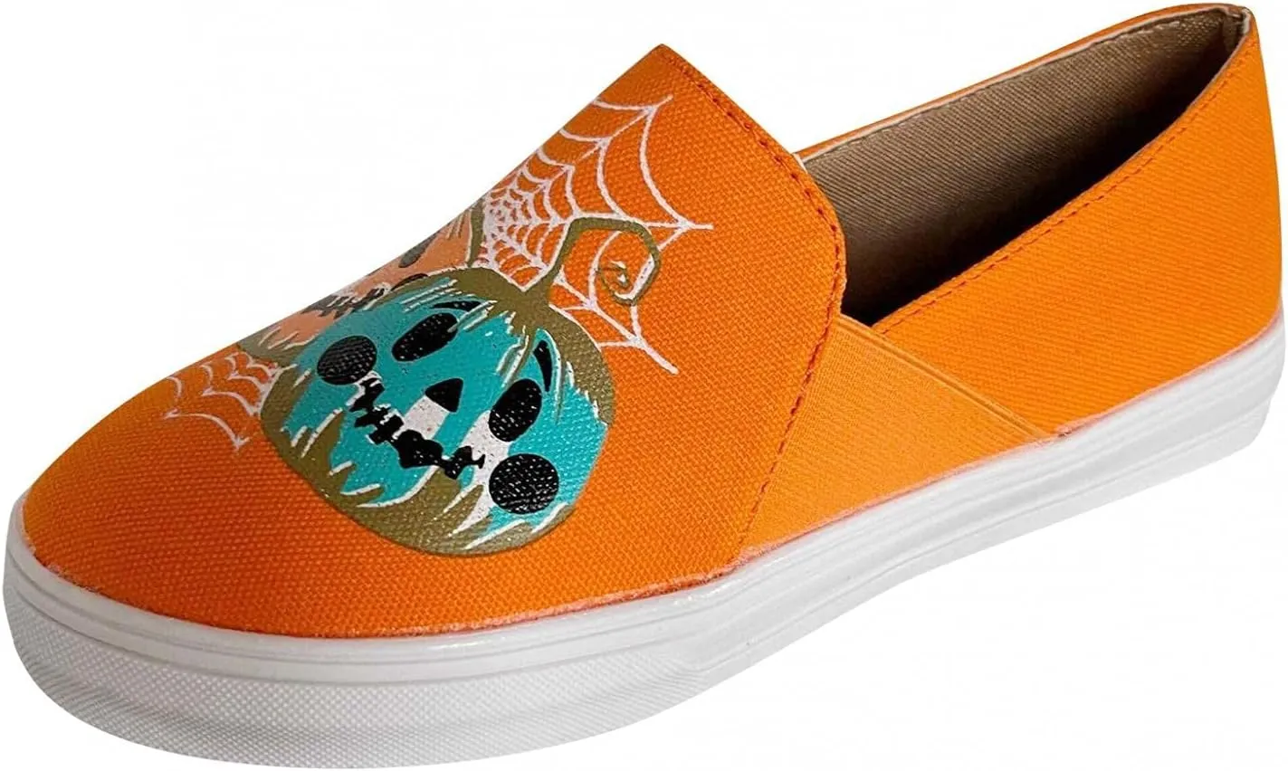 Hbeylia Halloween Decorations Platform Slip On Loafers For Women Funny Spider Net Pumpkin Design Low Top Canvas Shoes Fashion Sneakers Chunky Bottom Slip-On Flats Walking Shoes Fall Party Decor