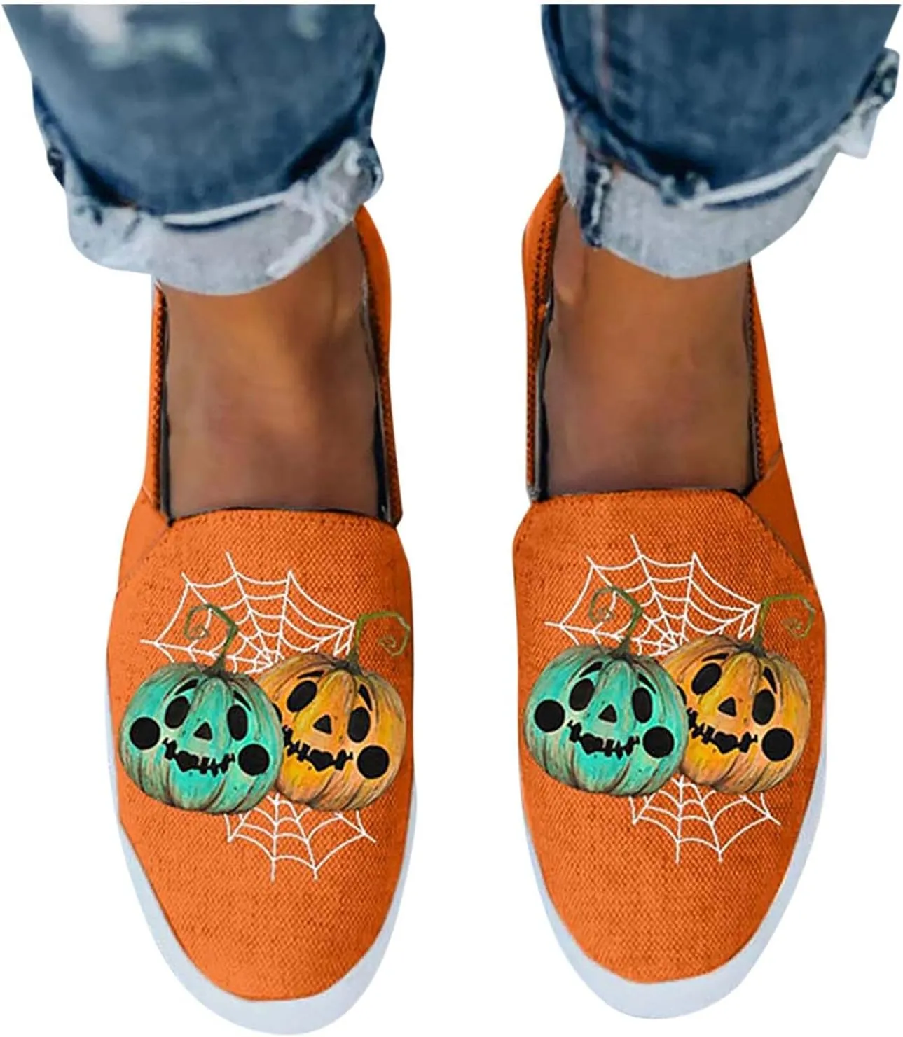 Hbeylia Halloween Decorations Platform Slip On Loafers For Women Funny Spider Net Pumpkin Design Low Top Canvas Shoes Fashion Sneakers Chunky Bottom Slip-On Flats Walking Shoes Fall Party Decor