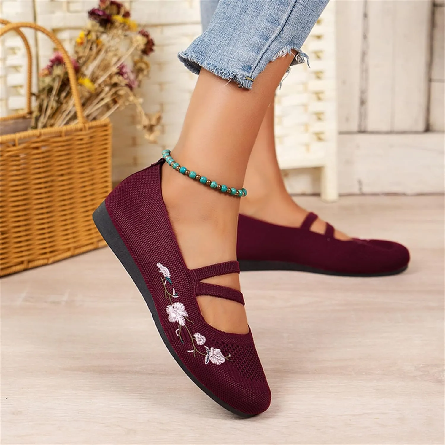 Hbeylia Knitted Ballet Flats for Women Ladies Round Toe Strappy Comfortable Formal Dress Loafers Casual Slip On Walking Driving Shoes for Work Nurse
