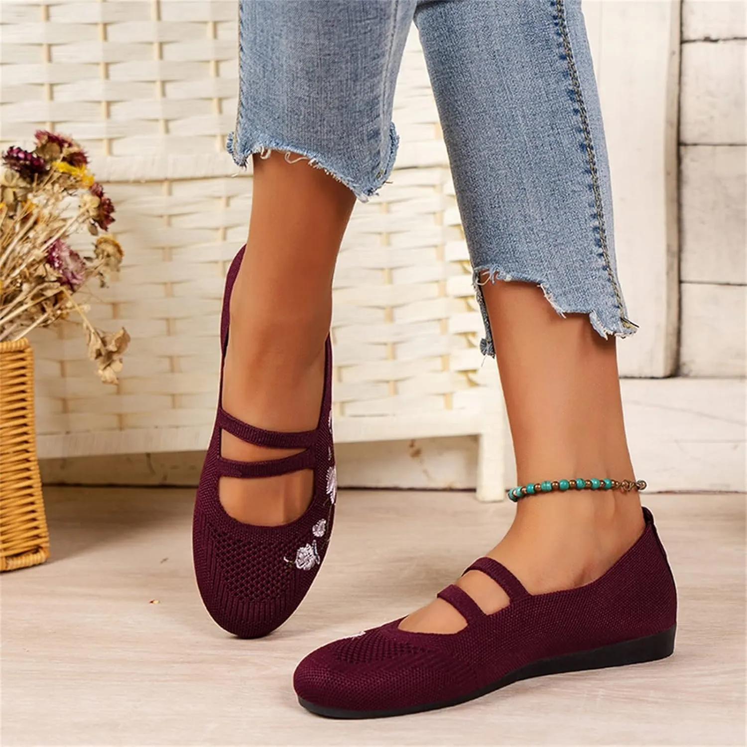 Hbeylia Knitted Ballet Flats for Women Ladies Round Toe Strappy Comfortable Formal Dress Loafers Casual Slip On Walking Driving Shoes for Work Nurse