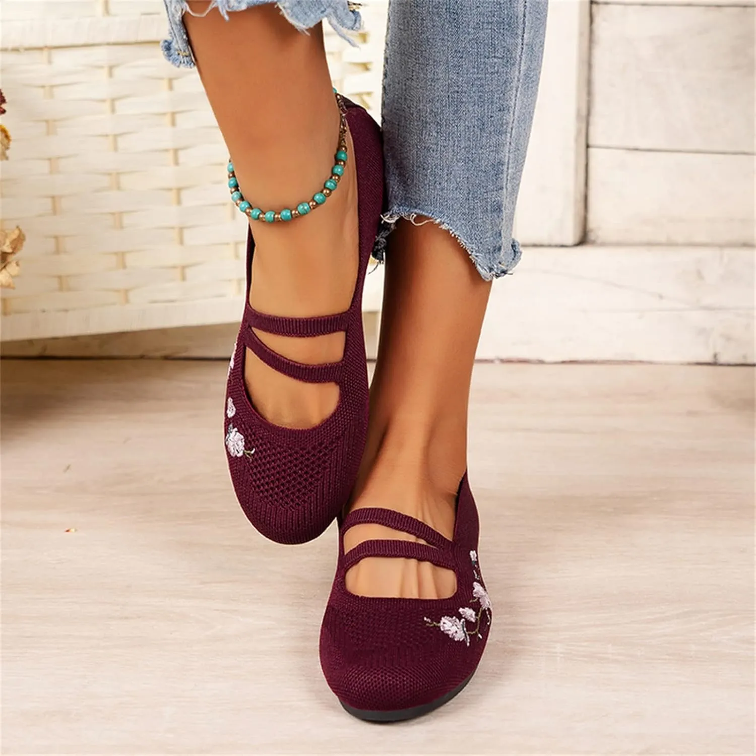 Hbeylia Knitted Ballet Flats for Women Ladies Round Toe Strappy Comfortable Formal Dress Loafers Casual Slip On Walking Driving Shoes for Work Nurse