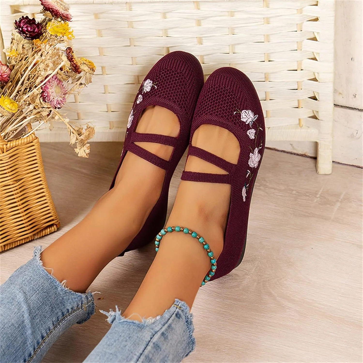 Hbeylia Knitted Ballet Flats for Women Ladies Round Toe Strappy Comfortable Formal Dress Loafers Casual Slip On Walking Driving Shoes for Work Nurse