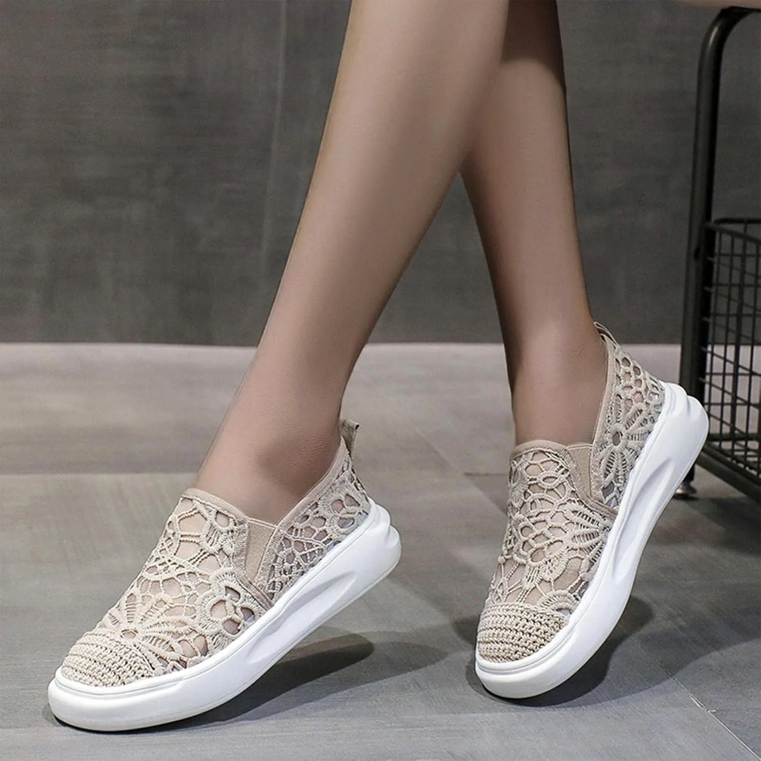 Hbeylia Platform Espadrilles Loafersfor Women Girls Flower Embroidered Lace Breathable Canvas Shoes Platform Heeled Low Top Play Sneakers Casual Slip On Walking Shoes