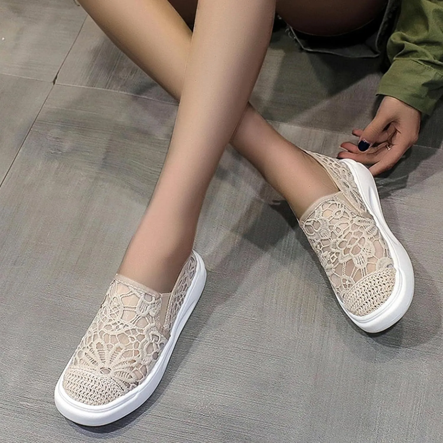 Hbeylia Platform Espadrilles Loafersfor Women Girls Flower Embroidered Lace Breathable Canvas Shoes Platform Heeled Low Top Play Sneakers Casual Slip On Walking Shoes
