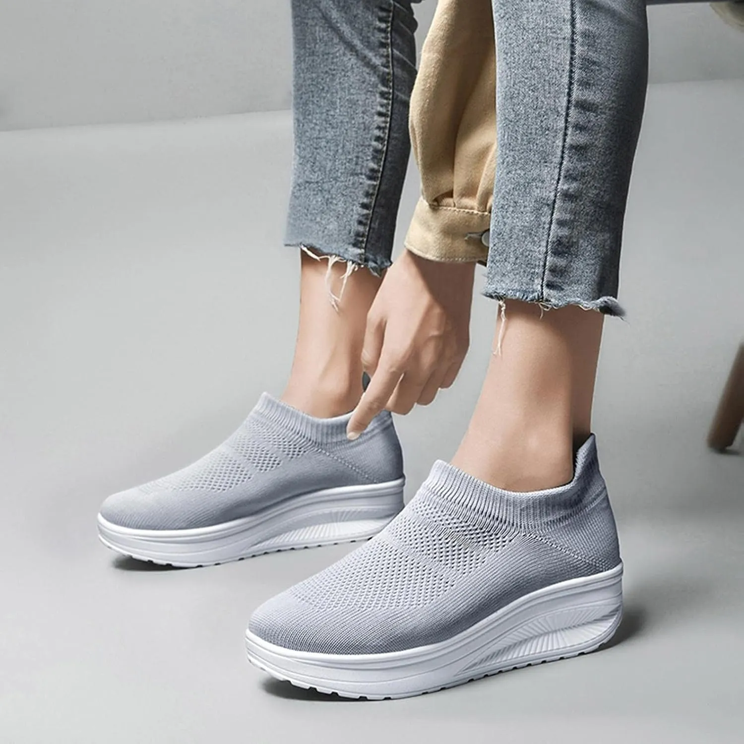 Hbeylia Platform Walking Shoes Slip On Socks Sneakers For Women Fashion Casual Stretch Knit Chunky Bottom High Heels Athletic Running Hiking Tennis Trainers Sport Shoes For Ladies Work Nursing