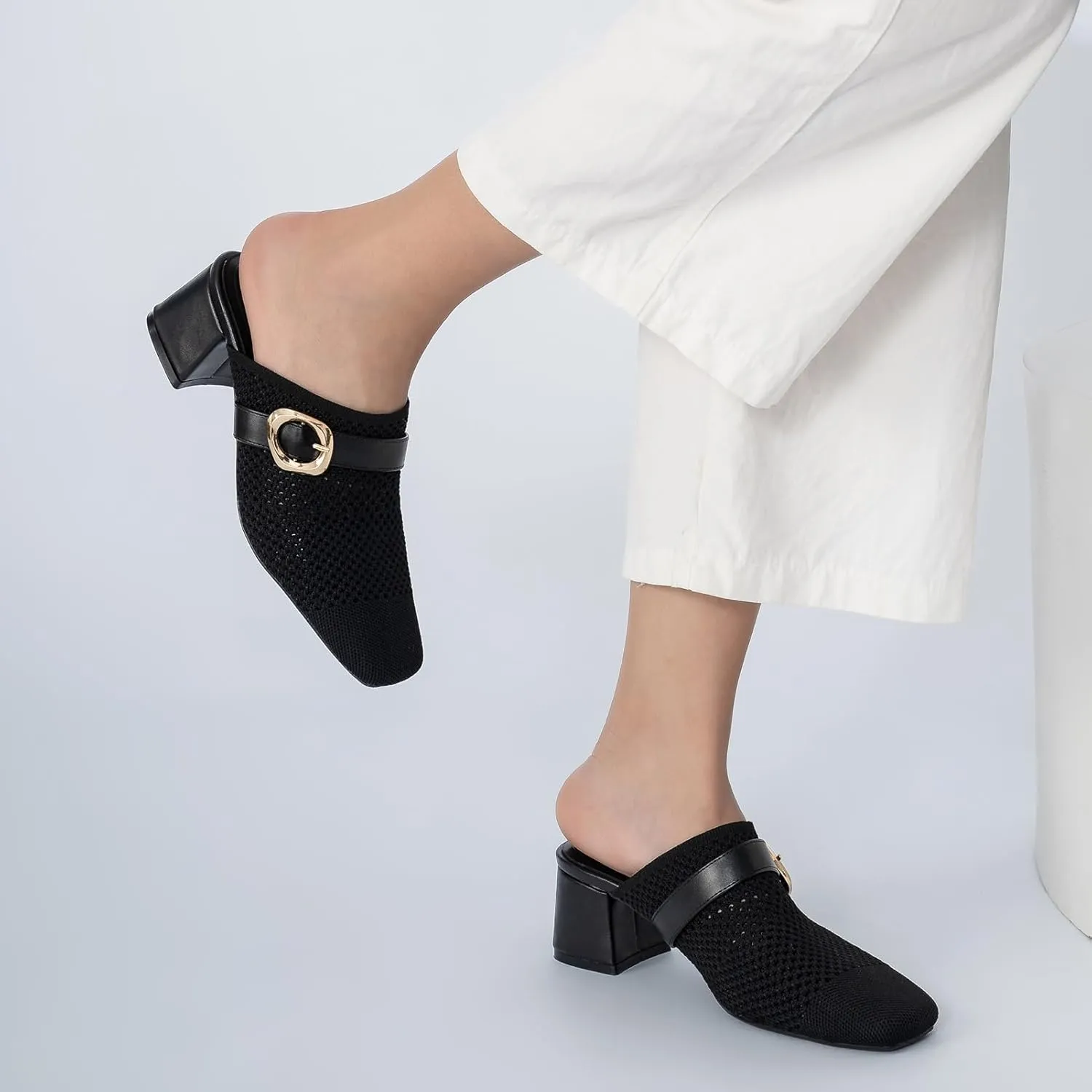 Heeled Mules for Women Comfortable Knit Square Closed Toe Slip On Chunky Heels Slide Sandals Ladies Shoes
