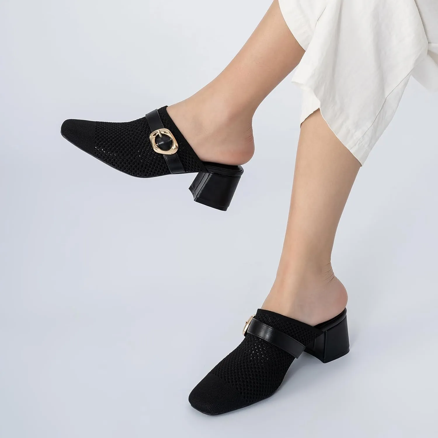 Heeled Mules for Women Comfortable Knit Square Closed Toe Slip On Chunky Heels Slide Sandals Ladies Shoes
