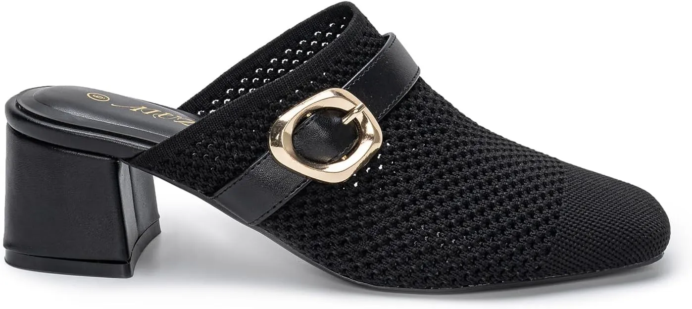 Heeled Mules for Women Comfortable Knit Square Closed Toe Slip On Chunky Heels Slide Sandals Ladies Shoes