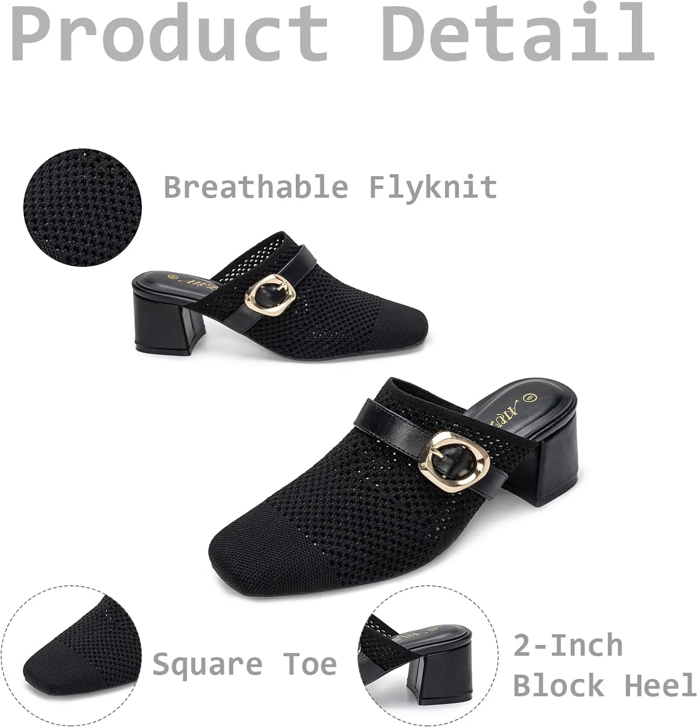 Heeled Mules for Women Comfortable Knit Square Closed Toe Slip On Chunky Heels Slide Sandals Ladies Shoes