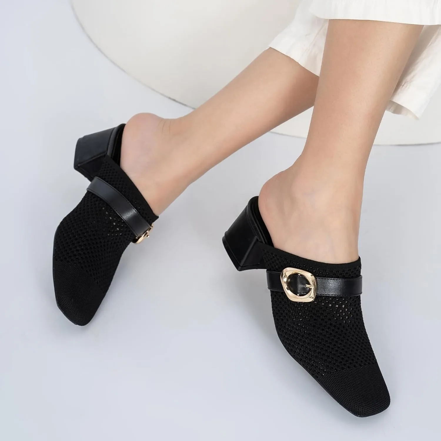 Heeled Mules for Women Comfortable Knit Square Closed Toe Slip On Chunky Heels Slide Sandals Ladies Shoes