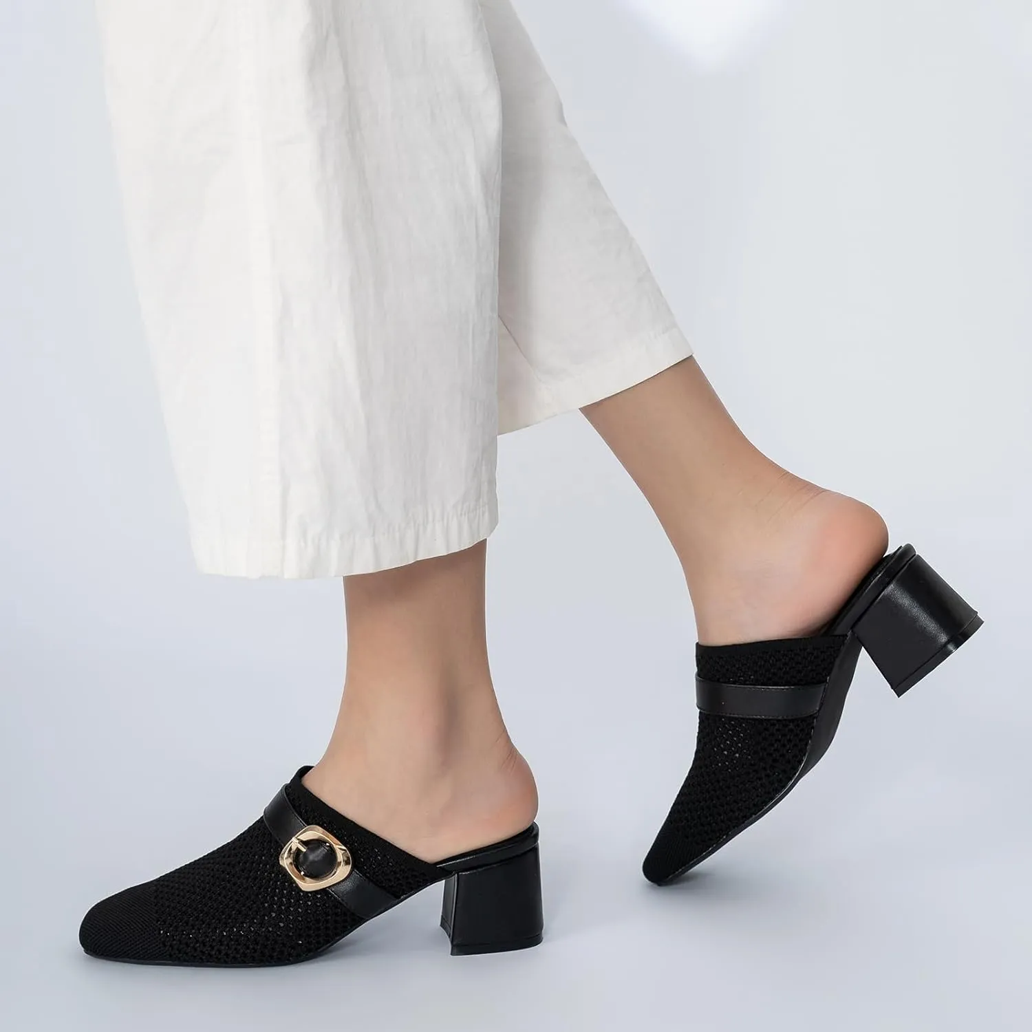 Heeled Mules for Women Comfortable Knit Square Closed Toe Slip On Chunky Heels Slide Sandals Ladies Shoes