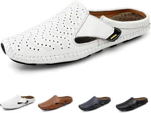 Helenbra Men's Hollow Backless Handmade Leather Mules Sandals,Summer Hook & Loop Breathable Slingback Non-slip Soft Sole Comfortable Slip-on Home Office Casual Flat Sandals Slippers