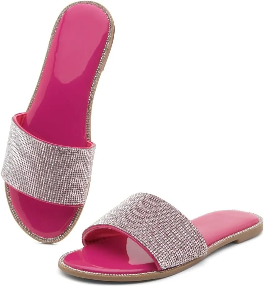 Herstyle Showstopper Women's Flat Sandals, Fashion Rhinestone Slides, Open Toe Slip-On Slippers with Cushioned Footbed, Casual Bling Sandals for Summer and Daily Wear