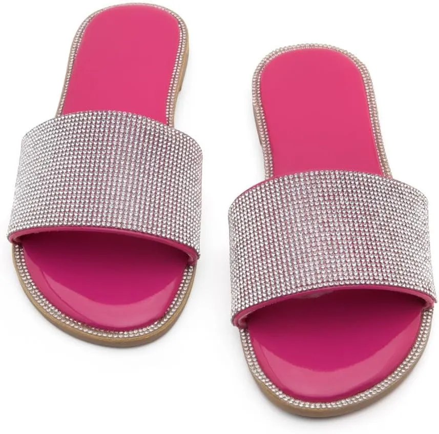 Herstyle Showstopper Women's Flat Sandals, Fashion Rhinestone Slides, Open Toe Slip-On Slippers with Cushioned Footbed, Casual Bling Sandals for Summer and Daily Wear