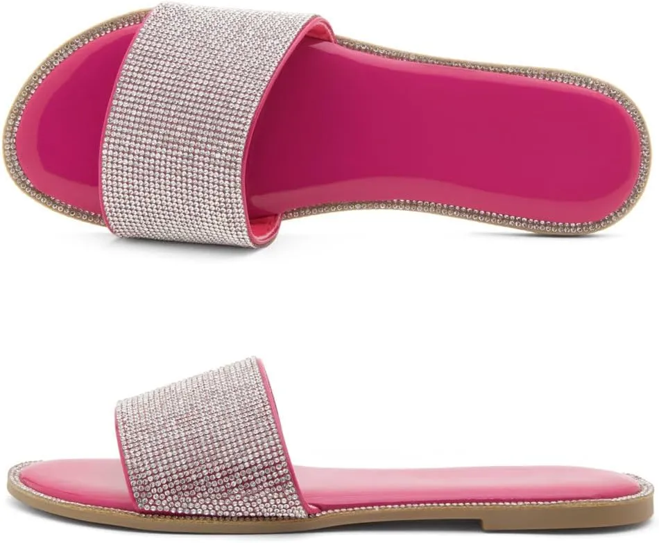 Herstyle Showstopper Women's Flat Sandals, Fashion Rhinestone Slides, Open Toe Slip-On Slippers with Cushioned Footbed, Casual Bling Sandals for Summer and Daily Wear