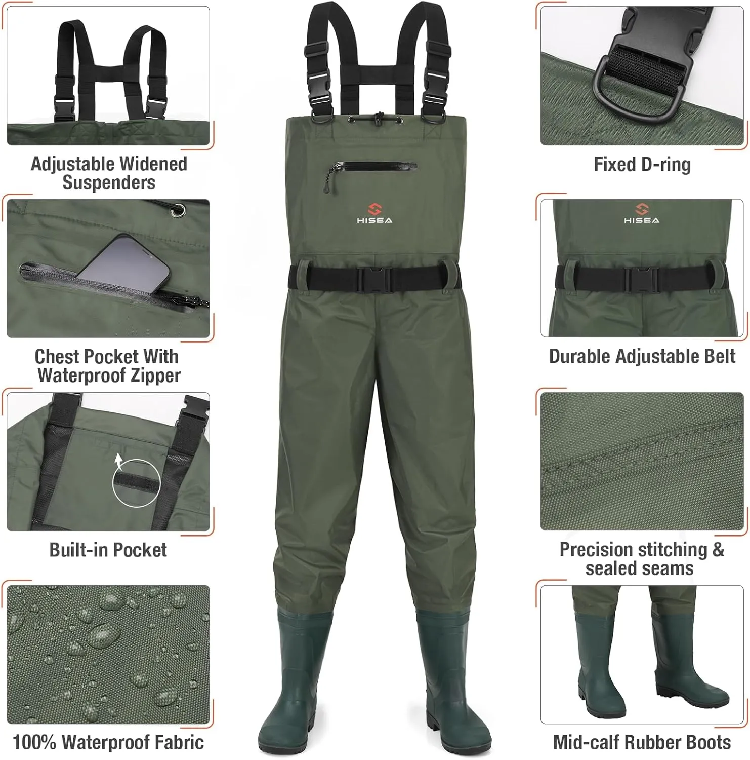 HISEA Bootfoot Chest Wader for Men Women 2-Ply Nylon/PVC Waterproof Mesh lining Fishing Hunting Waders with Boot Hanger