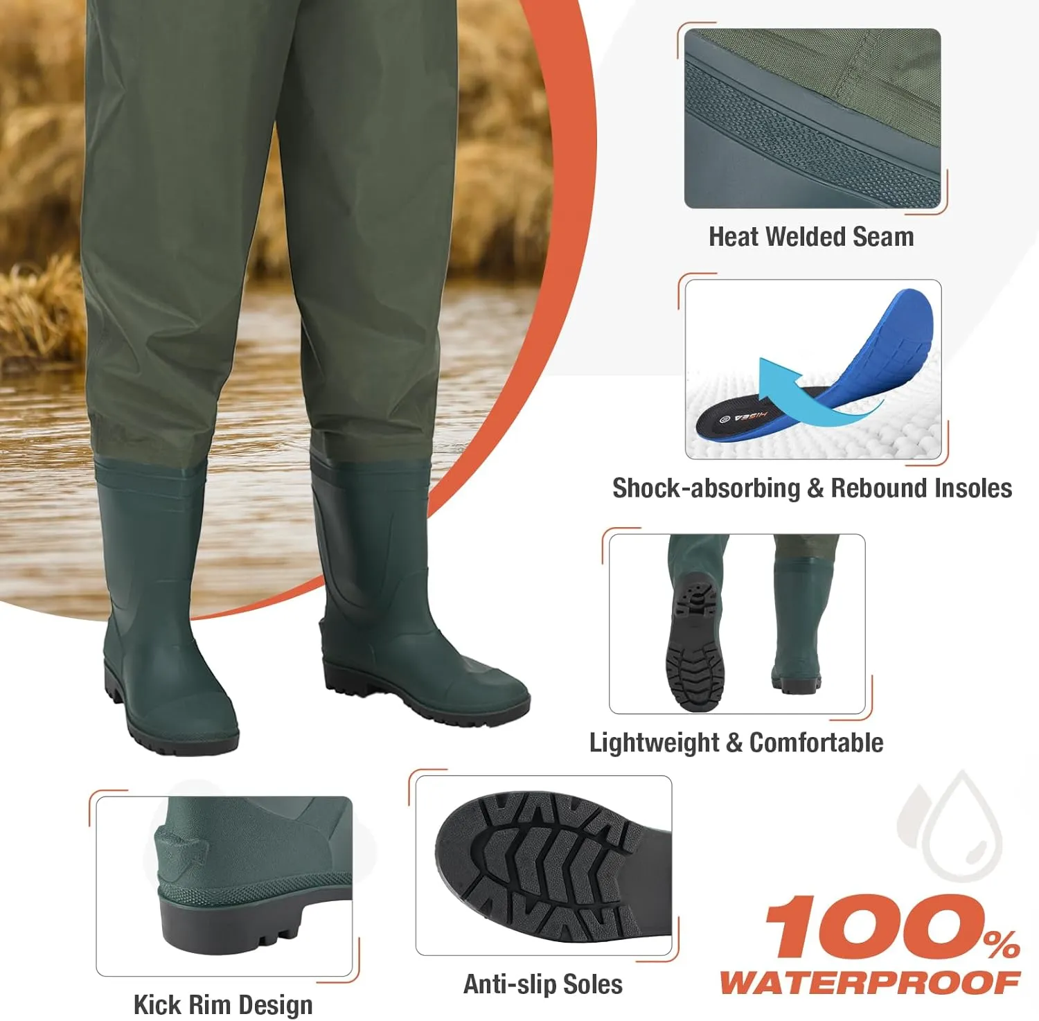 HISEA Bootfoot Chest Wader for Men Women 2-Ply Nylon/PVC Waterproof Mesh lining Fishing Hunting Waders with Boot Hanger