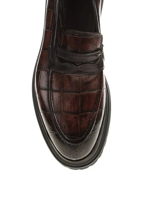 HolloShoe Men's Brown Crocodile-Embossed Penny Loafers
