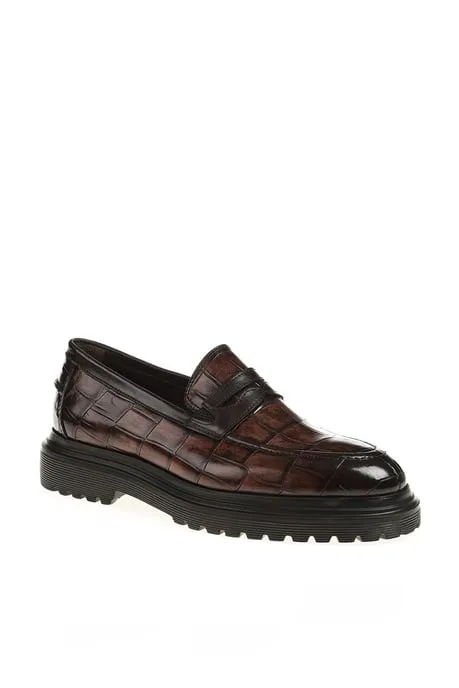 HolloShoe Men's Brown Crocodile-Embossed Penny Loafers