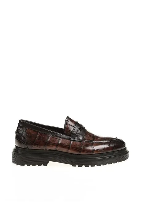 HolloShoe Men's Brown Crocodile-Embossed Penny Loafers