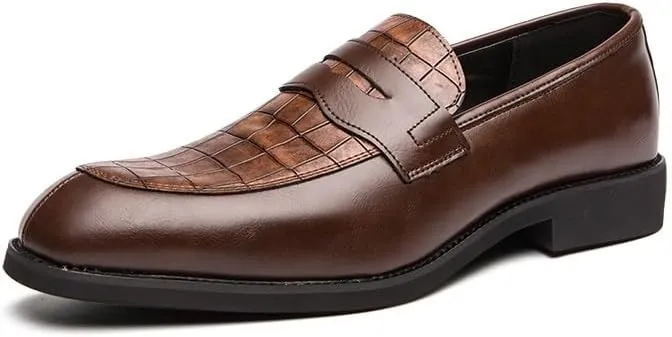 HOOENG Shoes Dress Oxford for Men Slip On Round Toe PU Leather Patchwork Penny Loafer Low Top Rubber Sole Slip Resistant Anti-Slip Non Slip Casual