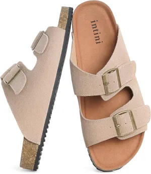 Intini Womens Mens Cork Footbed Slide Sandals Suede Leather Flat Sandals Arch Support Slip on Summer Open Toe Outdoor Slippers with Adjustable Buckle
