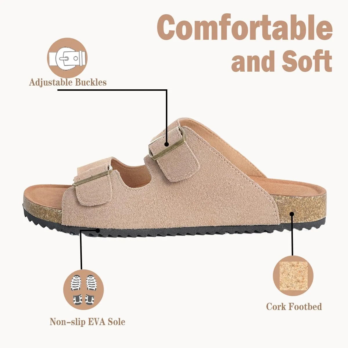 Intini Womens Mens Cork Footbed Slide Sandals Suede Leather Flat Sandals Arch Support Slip on Summer Open Toe Outdoor Slippers with Adjustable Buckle