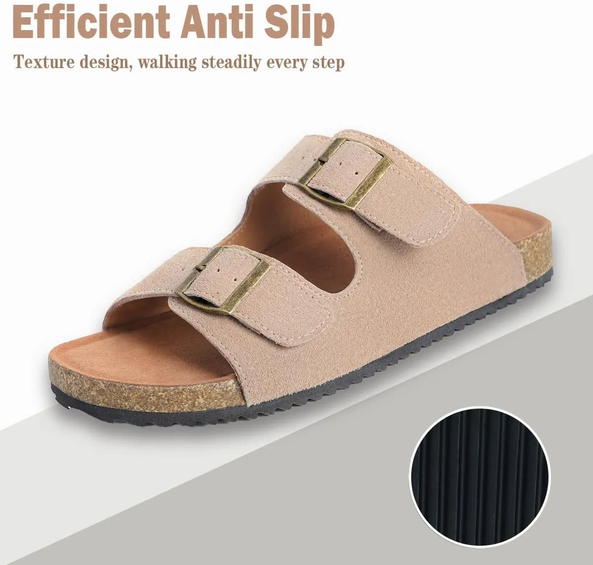 Intini Womens Mens Cork Footbed Slide Sandals Suede Leather Flat Sandals Arch Support Slip on Summer Open Toe Outdoor Slippers with Adjustable Buckle