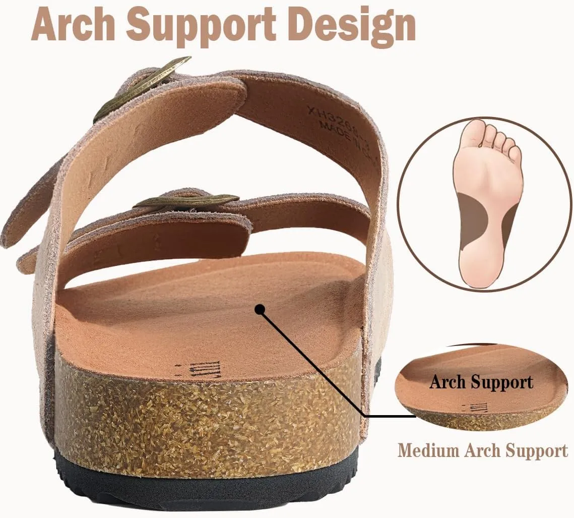 Intini Womens Mens Cork Footbed Slide Sandals Suede Leather Flat Sandals Arch Support Slip on Summer Open Toe Outdoor Slippers with Adjustable Buckle